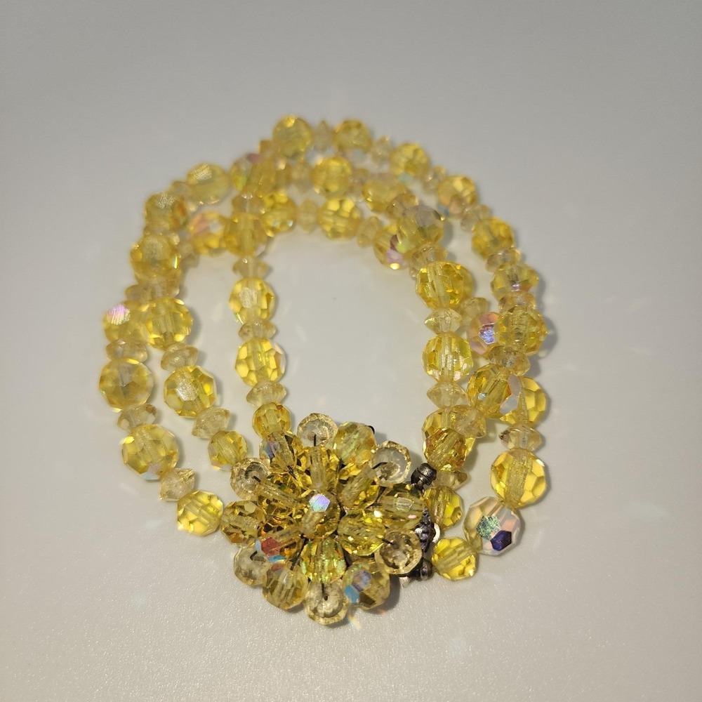 Vintage 3-Strand Aurora Borealis Yellow Crystal Bead Bracelet Retro 1980's